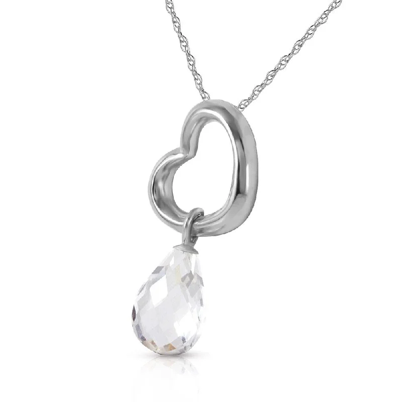 Floating gem necklaces-14K Solid White Gold Heart Necklace with Dangling Natural White Topaz