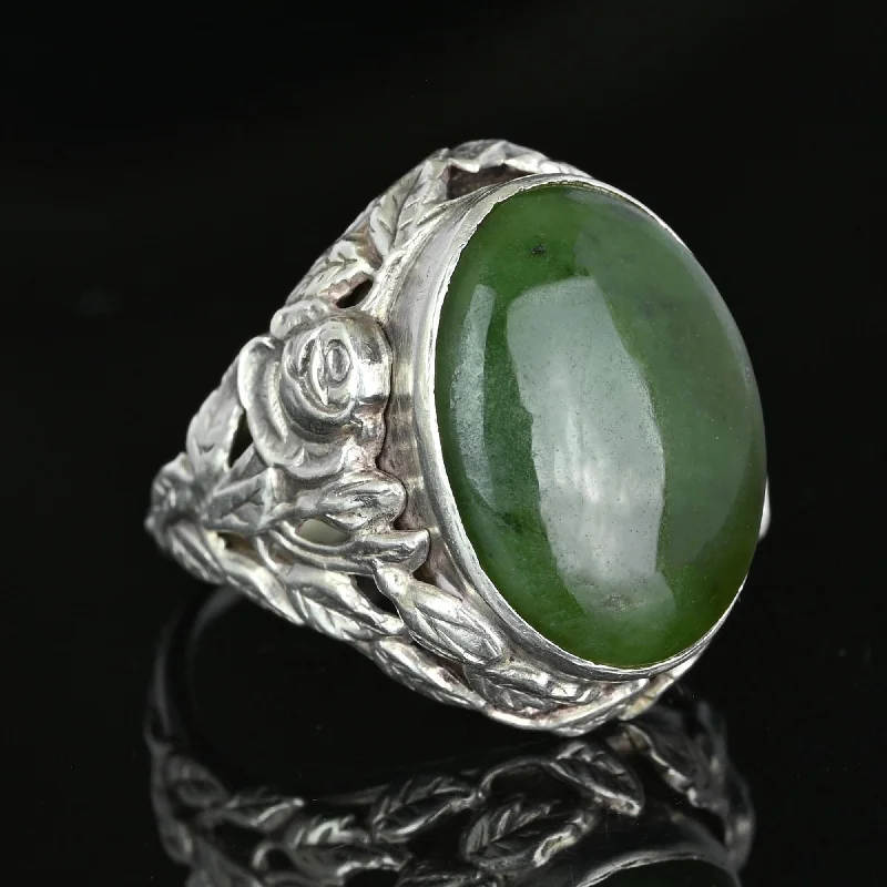 Gothic style rings-Gothic style rings-Large Arts and Crafts Silver Green Moss Agate Ring