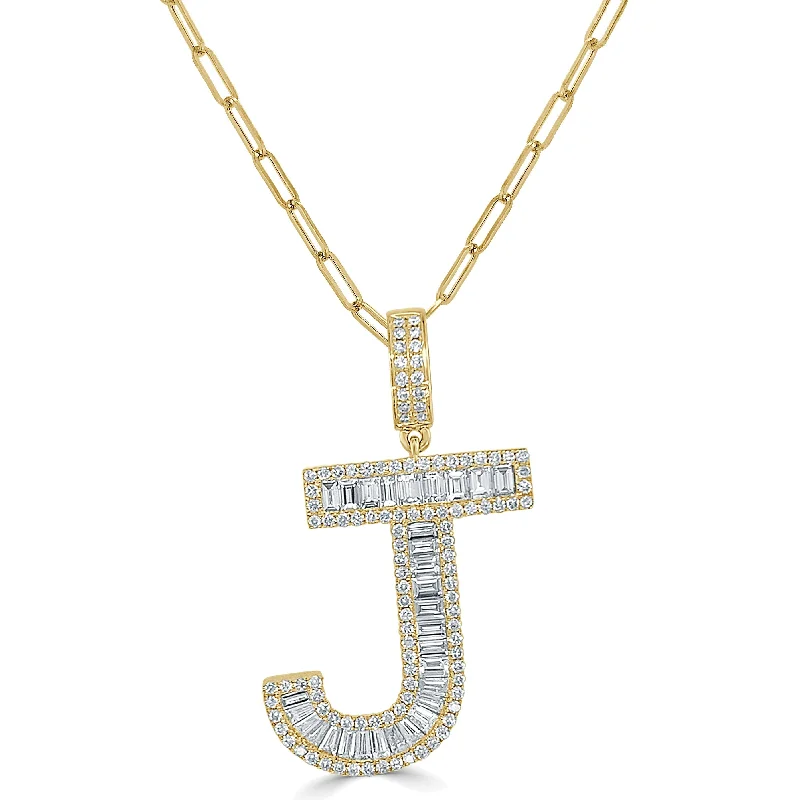 Heavy collar necklaces-Joelle Diamond Baguette Large Initial Paperclip Link Necklace 14K Yellow Gold - J