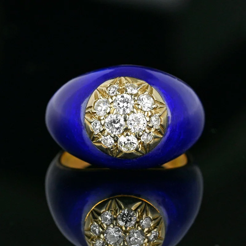 Tiny pearl rings-Tiny pearl rings-Vintage 14K Gold Cobalt Blue Enamel Diamond Dome Ring