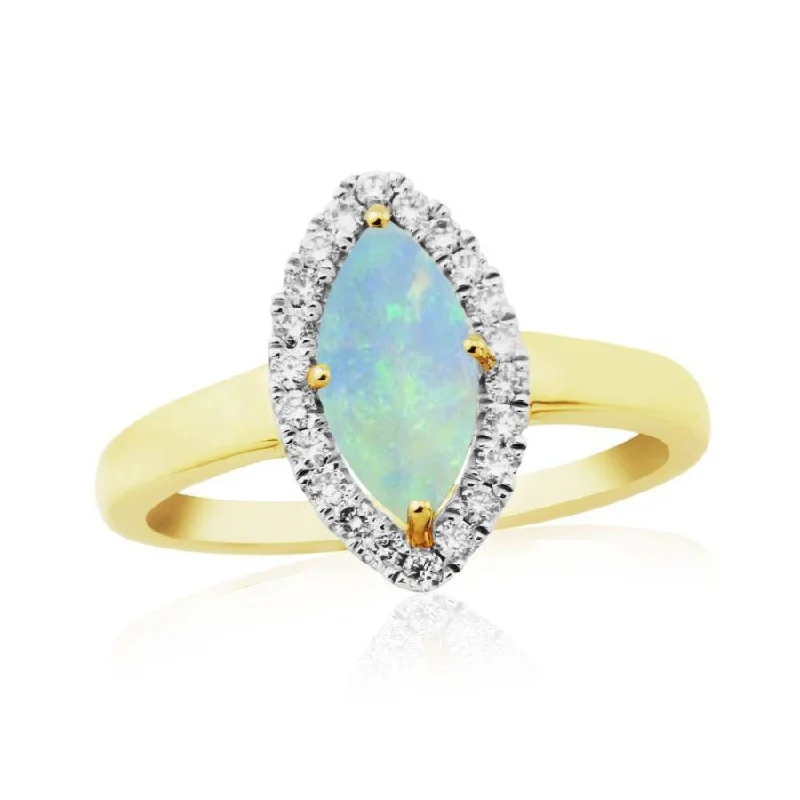 9ct Yellow Gold Marquise Cut Opal & Diamond Halo Cluster Ring