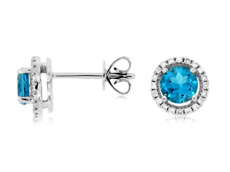 Square stud earrings-Blue Topaz Diamond Halo Earrings