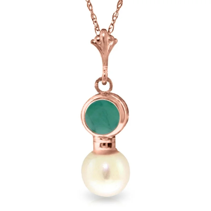 Round stone necklaces-14K Rose Gold Necklace w/ Emerald & Pearl