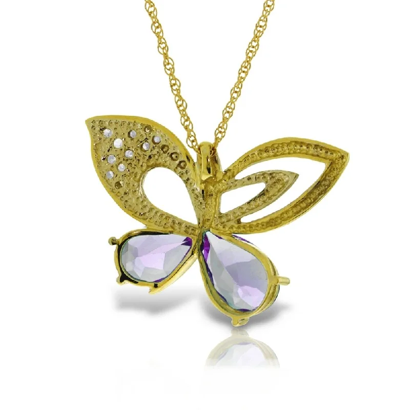 Bold art necklaces-14K Solid Gold Batterfly Necklace with Natural Diamonds & Amethysts