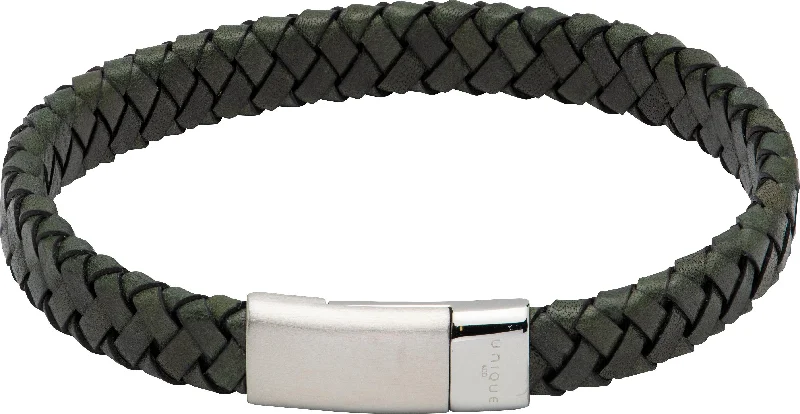 Unique & Co Matte & Polished Stainless Steel Clasp Dark Green Leather Bracelet