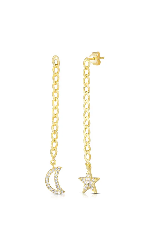 Woven silk earrings-Moon And Star Cuban Chain Drop Stud Earring