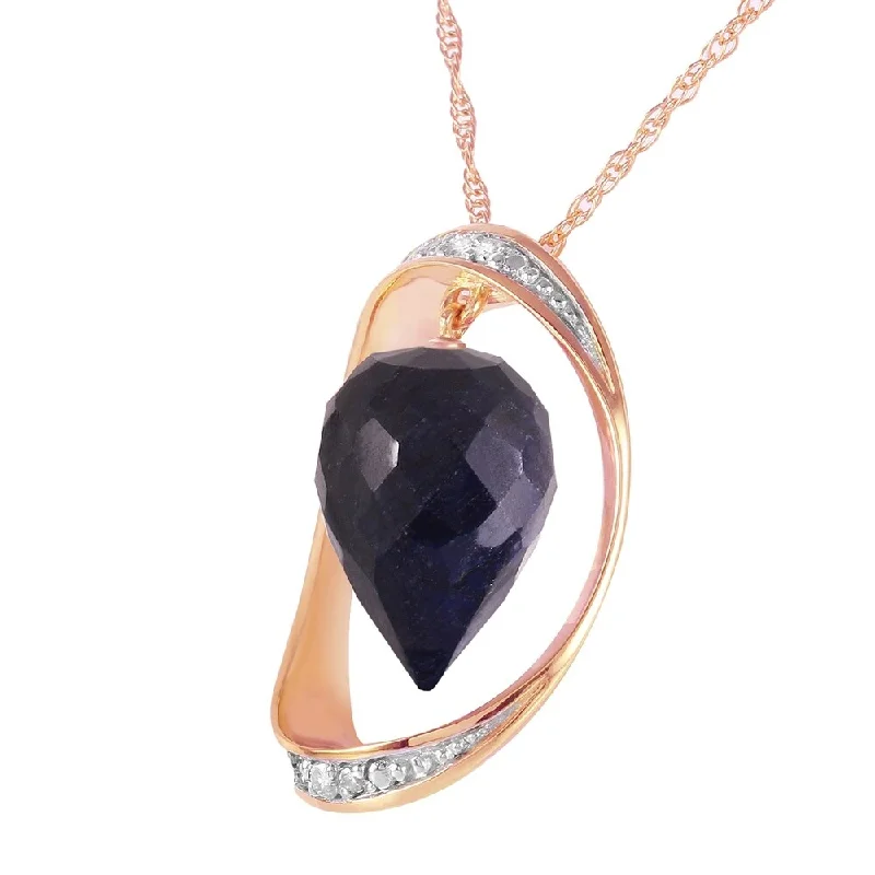 Sleek gem necklaces-14K Solid Rose Gold Necklace with Diamonds & Briolette Pointy Drop Dyed Sapphire