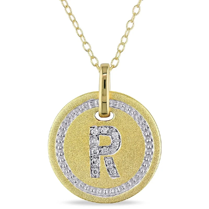 Dual stone necklaces-Miadora Yellow Plated Sterling Silver Diamond R-Initial Halo Charm Necklace