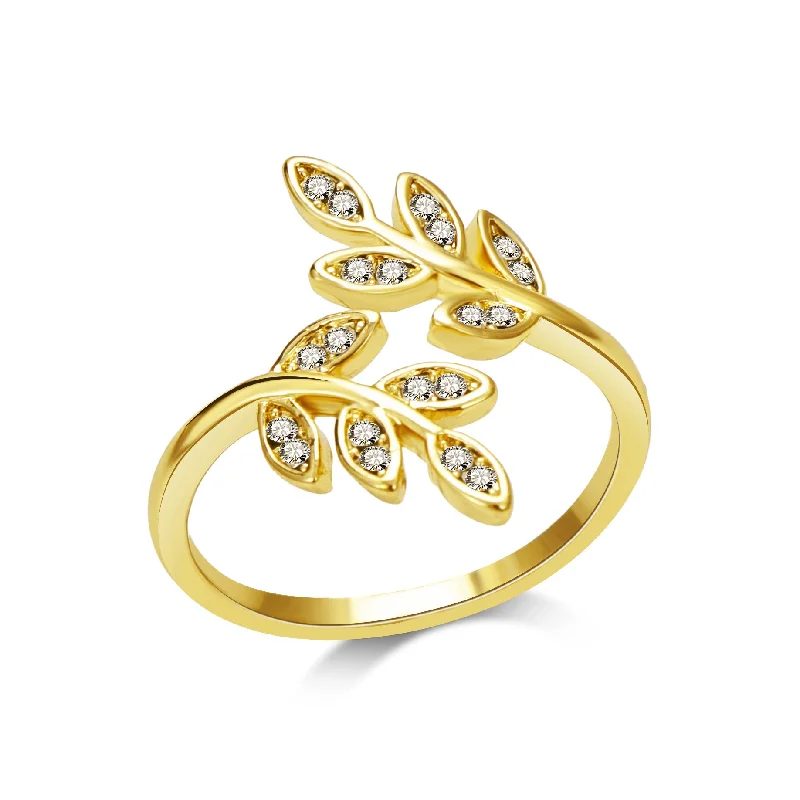 Flat bow rings-Flat bow rings-Gold Plated Adjustable Leaf Ring Created with Zircondia® Crystals