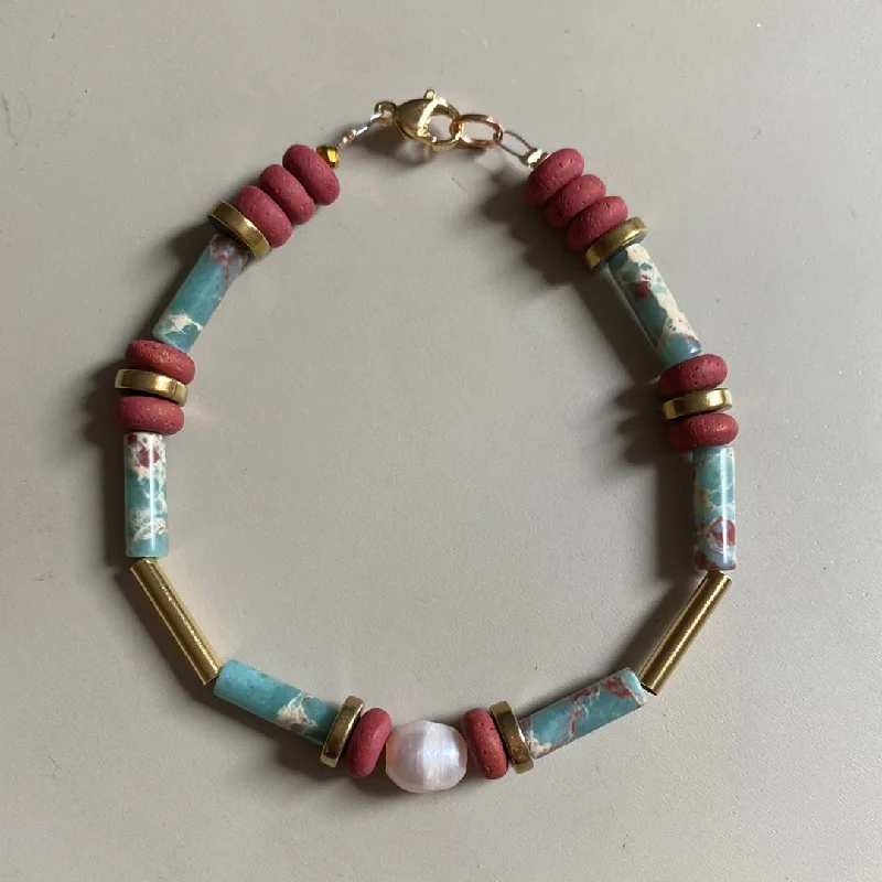 MRLB07 - 7.5" , Synthetic Shoushan Stone, Fresh water Pearls, Clay and Gold Plated Hematite Bracelet