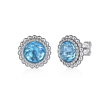 Deco style earrings-Sterling Silver Faceted Swiss Blue Topaz Bujukan Stud Earrings