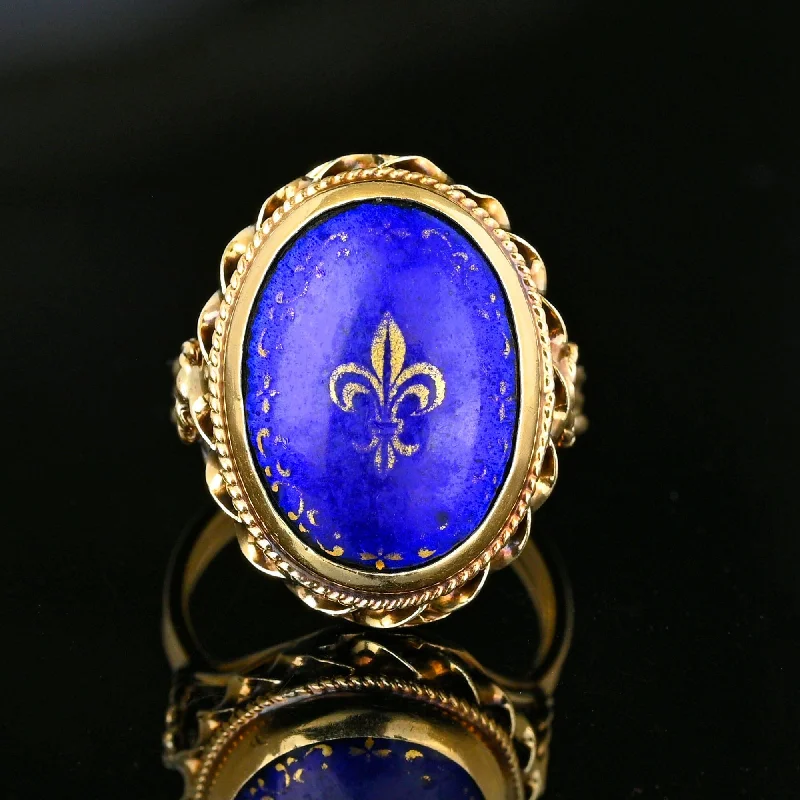 Tiered design rings-Tiered design rings-Vintage 14K Gold Cobalt Blue Enamel Fleur De Lis Ring