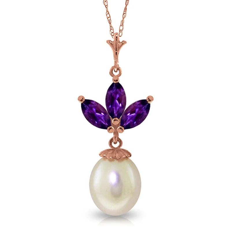 Leaf charm necklaces-4.75 Carat 14K Solid Gold Gemstone Necklace Pearl Purple Amethyst