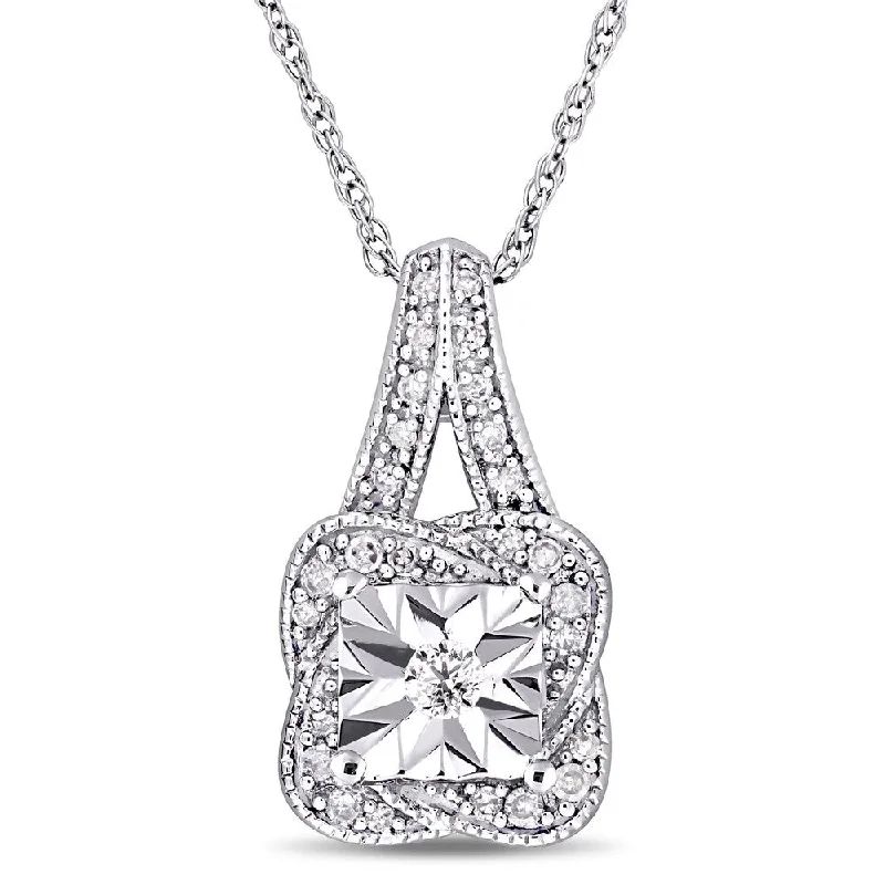 Regency style necklaces-Miadora 10k White Gold 1/7ct TDW Diamond Twisted Square Halo Dangle Necklace