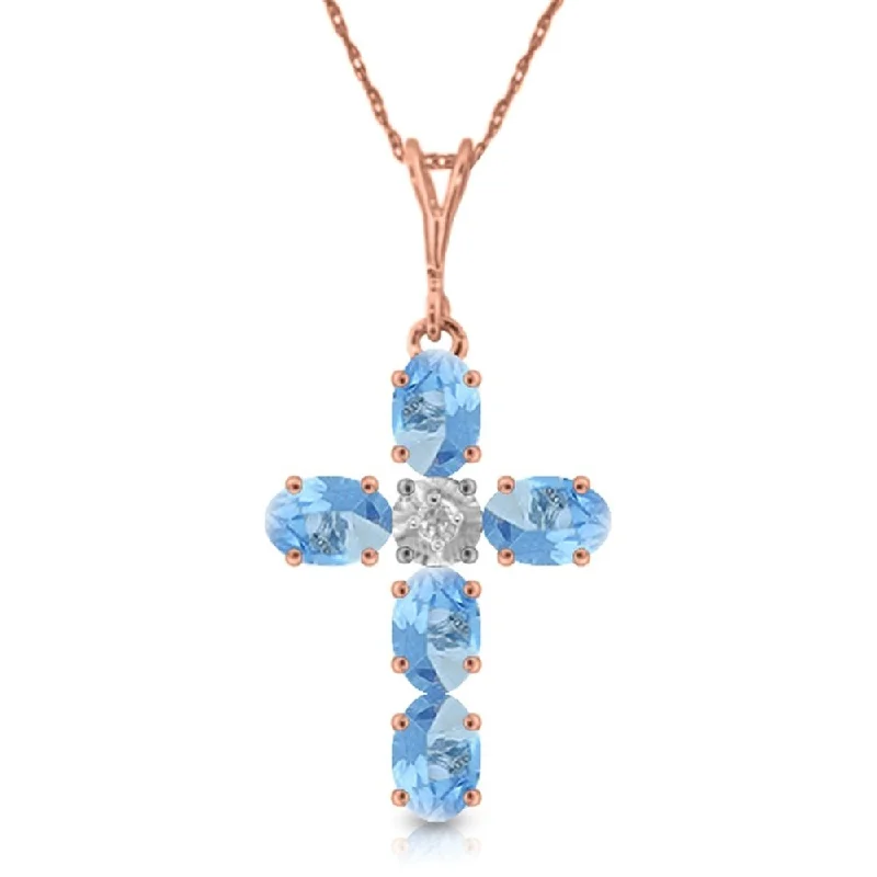 Oval gem necklaces-1.75 Carat 14K Rose Gold Cross Necklace Natural Diamond Blue Topaz