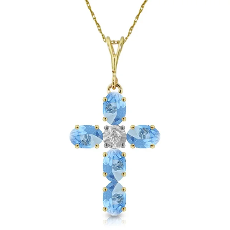 Fiber tassel necklaces-1.75 Carat 14K Gold Cross Necklace Natural Diamond Blue Topaz