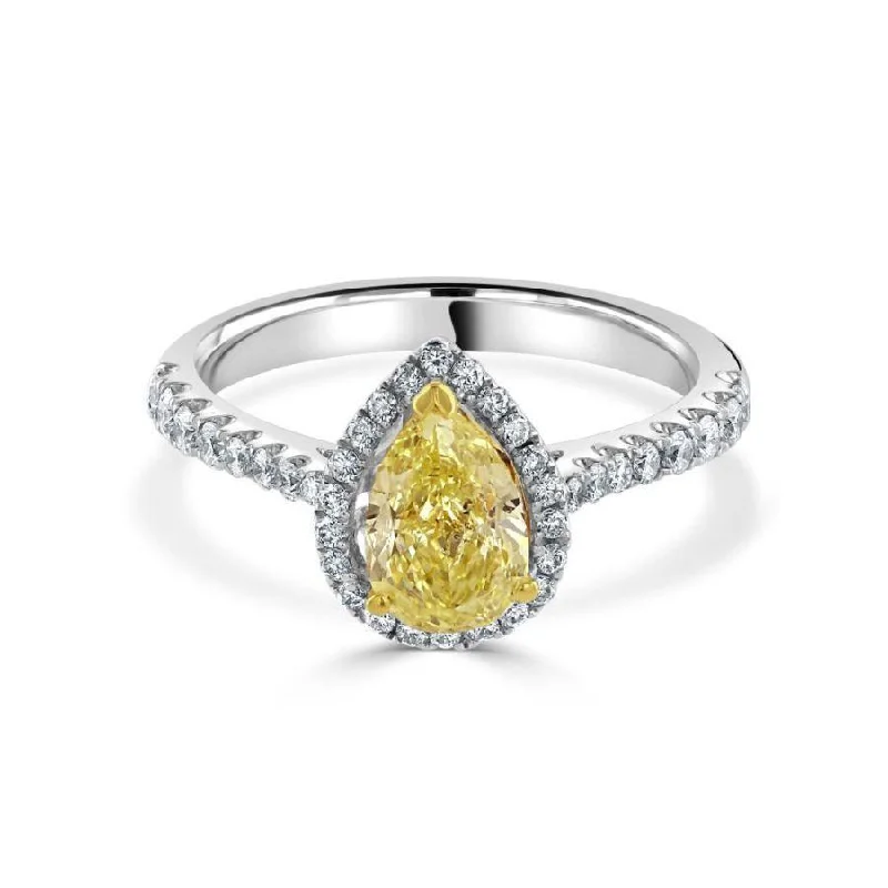 18ct White Gold Pear Cut Yellow Diamond Halo Cluster Ring with Diamond Shoulders