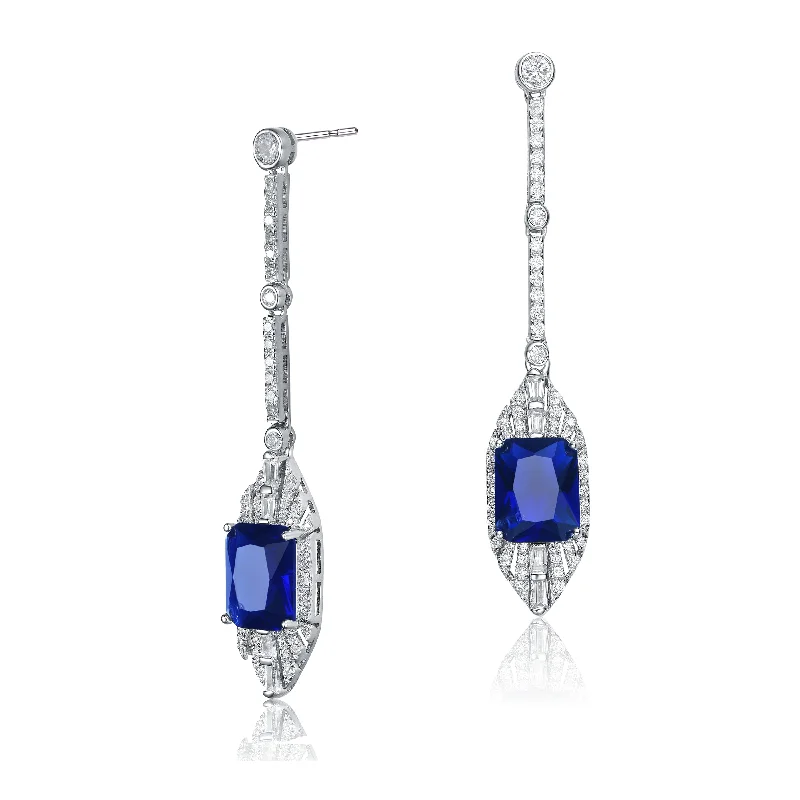 Oval studs earrings-Sterling Silver with Rhodium Plated Sapphire Cubic Zirconia Drop Earrings