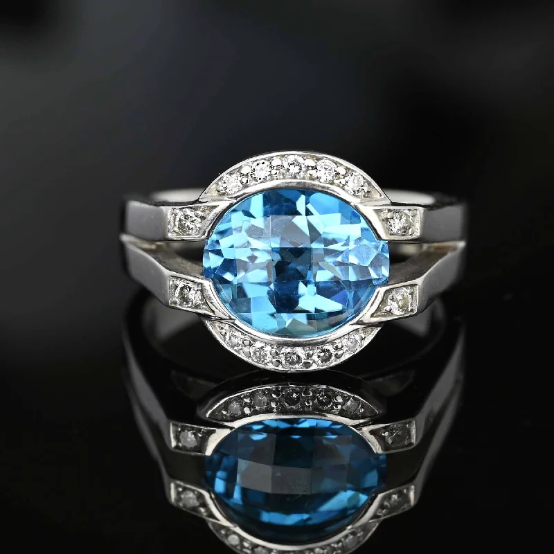 Astro theme rings-Astro theme rings-Diamond Floating Checkerboard Blue Topaz Ring in 14K White Gold