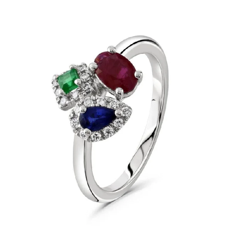 18ct White Gold Sapphire, Emerald and Ruby ring with Diamond surrounds