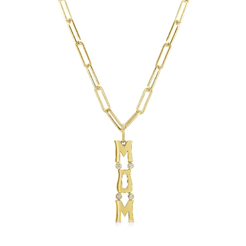 Slanted design necklaces-Joelle Diamond MOM Charm Necklace 14K Yellow Gold paperclip Chain 18-inch