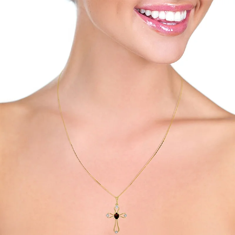 Plaited knot necklaces-0.57 Carat 14K Solid Gold Cross Necklace Natural Diamonds Garnet