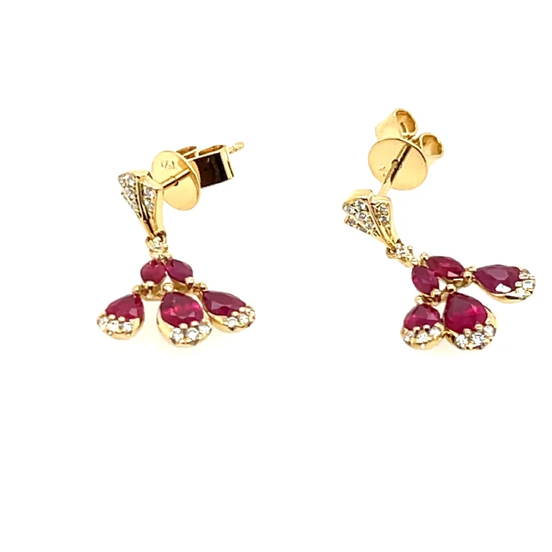 Curved art earrings-18K Yellow Gold Ruby and Diamond Earrings