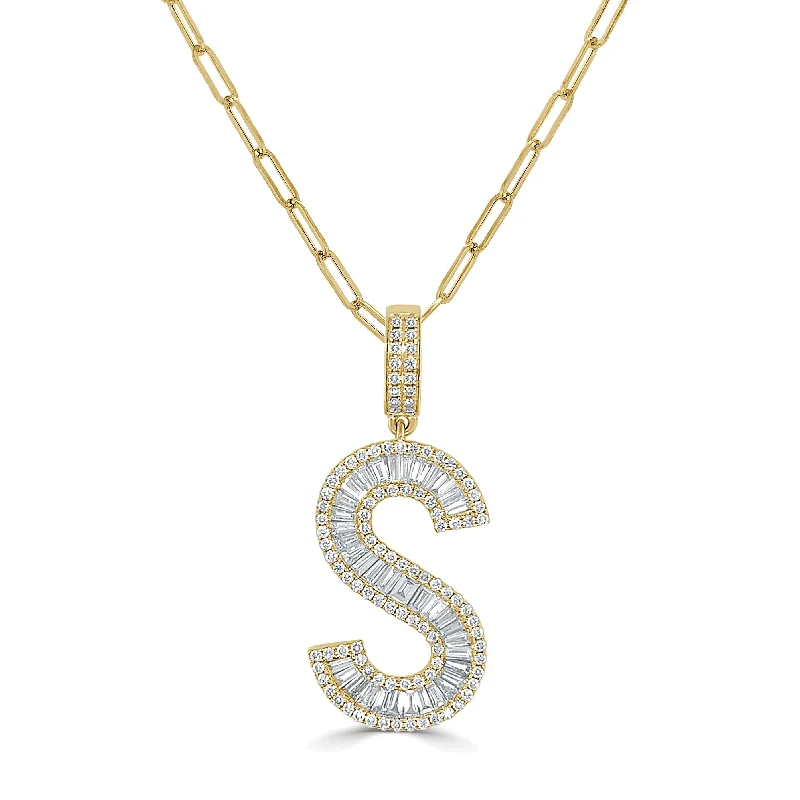 Flat knot necklaces-Joelle Diamond Baguette Large Initial Paperclip Link Necklace 14K Yellow Gold - S