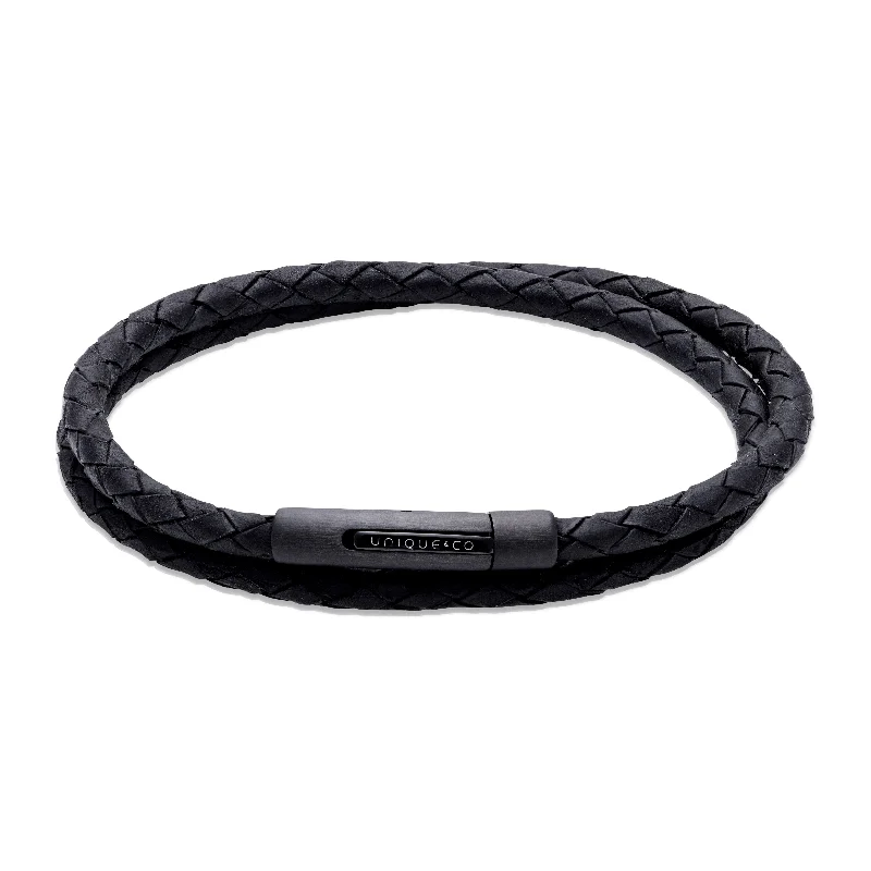 Unique & Co Black Leather Bracelet with a Black Edge and Black IP