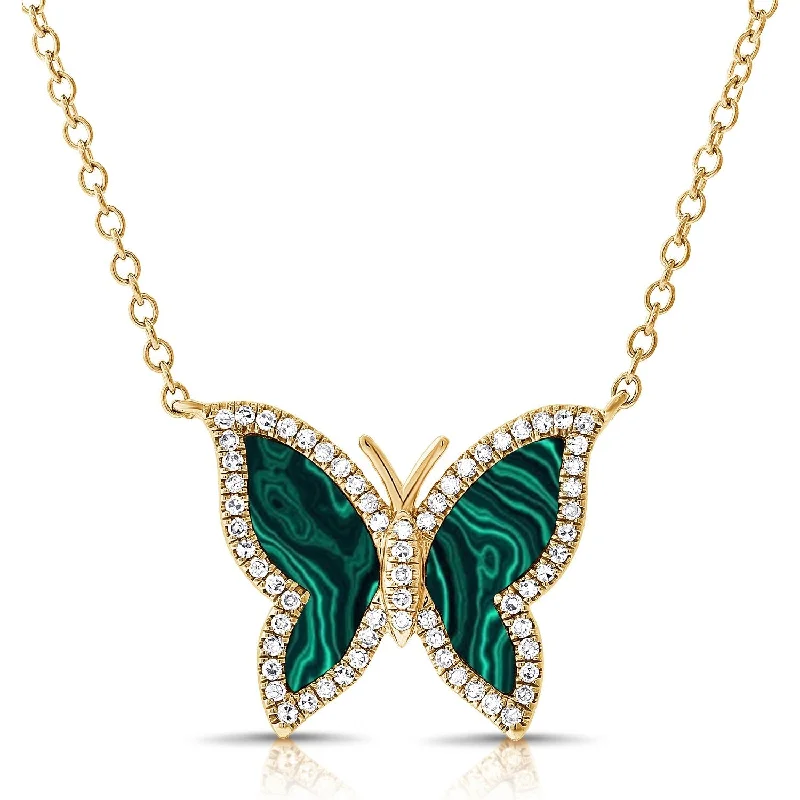 Lily flower necklaces-Joelle Diamond & Malachite Green Butterfly 1/5 ct. Pave Necklace 14K Gold