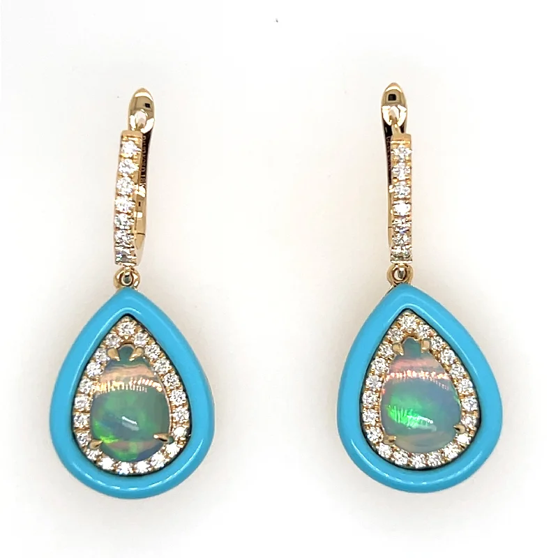 Leaf charm earrings-18K Yellow Gold Opal Turqoise and Diamond Earrings