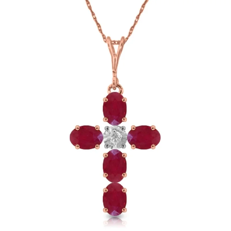 Thin bead necklaces-1.75 Carat 14K Rose Gold Cross Necklace Natural Diamond Ruby