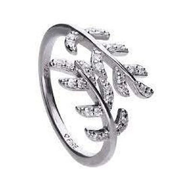 Silver Cubic Zirconia Set Leaf Crossover Ring, size K