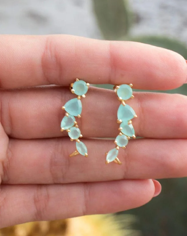 Woven cord earrings-Aqua Chalcedony Ear Climber Earrings ~ 18k Gold Plated ~ ME172