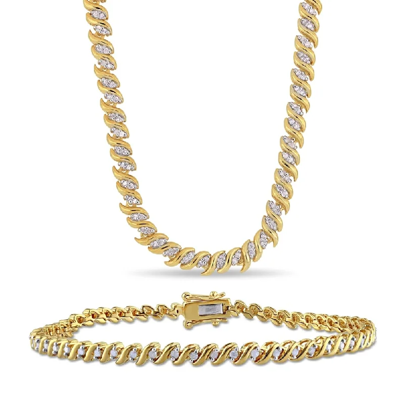 Regency style necklaces-Miadora Yellow Plated Sterling Silver 1 1/2ct TDW Diamond S-Link Tennis Necklace and Bracelet Set