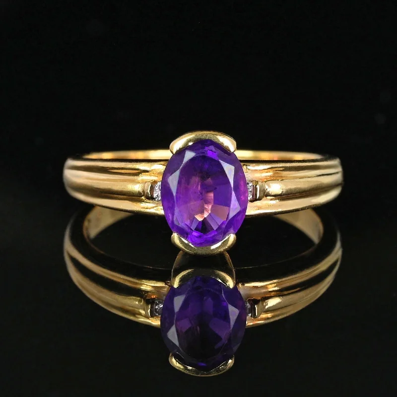 Glossy finish rings-Glossy finish rings-Vintage Ribbed Gold Band Diamond Accent Amethyst Ring