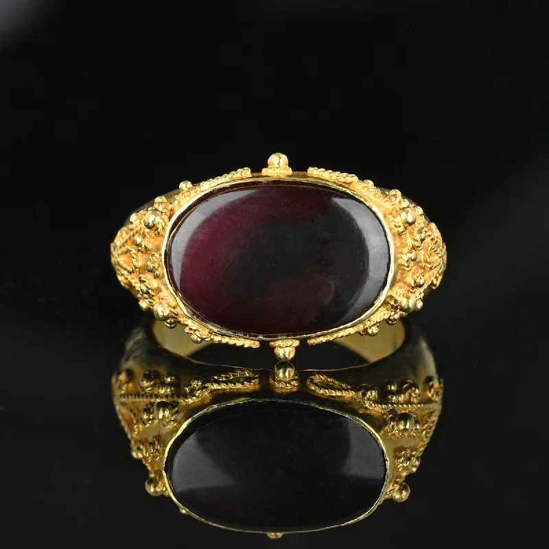 Solid gold rings-Solid gold rings-Etruscan 18K Gold East West Carnelian Signet Ring, Hammered Band