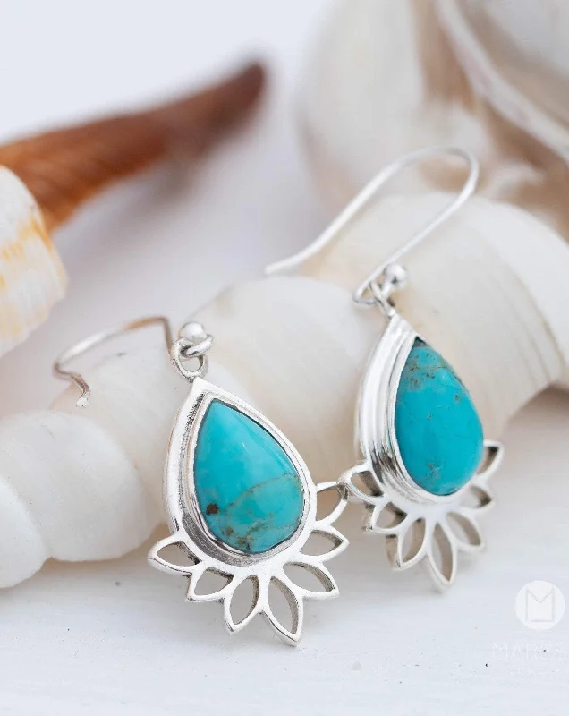 Silk tassel earrings-Lotus flower Turquoise or Moonstone Earrings ~ Sterling Silver 925 ~ ME155