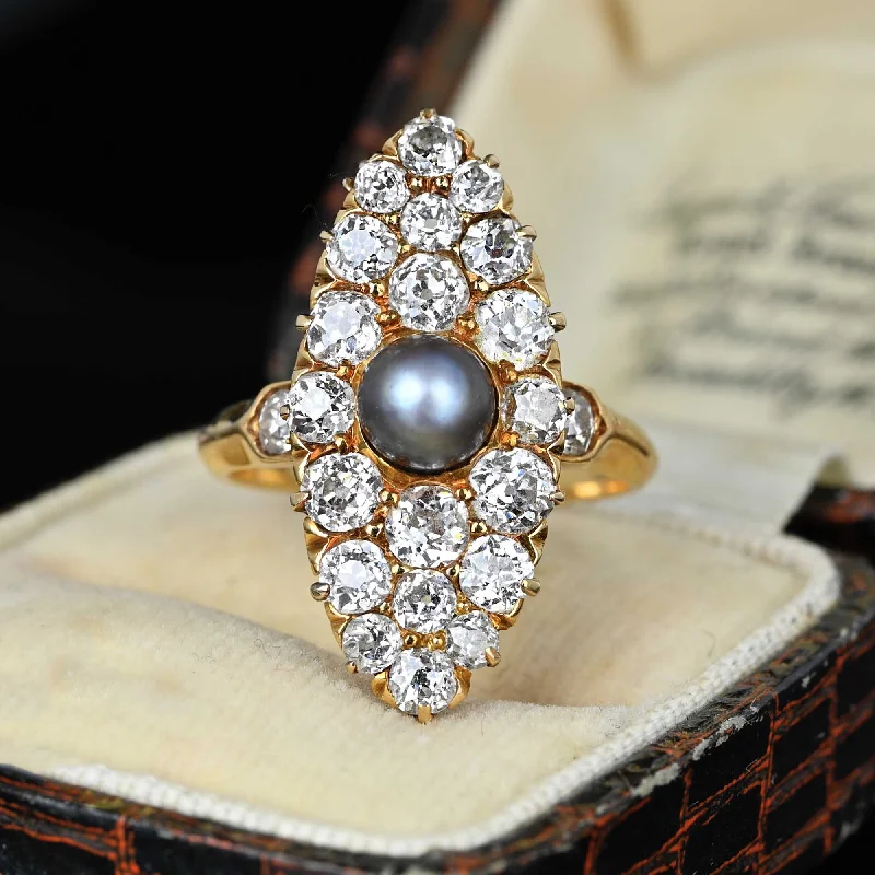 Quartz gem rings-Quartz gem rings-Antique Gray Pearl Mine Cut Diamond Navette Ring in Gold