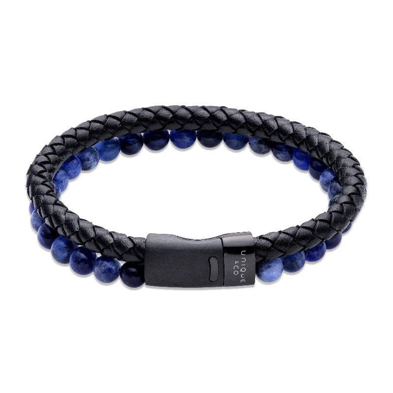 Unique & Co Double Row Black Leather & Blue Beads Bracelet