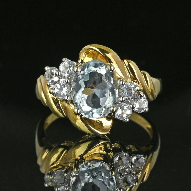 Crystal-twisted rings-Crystal-twisted rings-Vintage Gold Aquamarine Cluster Cocktail Ring