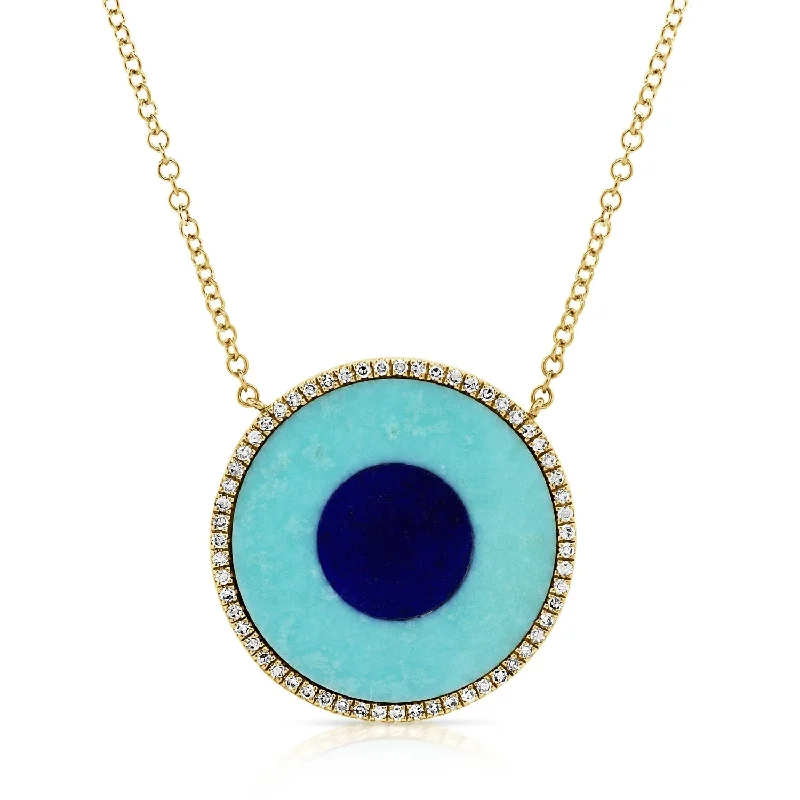 Leaf charm necklaces-Joelle Diamond & Turquoise Evil Eye Circle Necklace 14K Gold