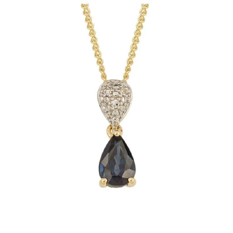 9ct Yellow Gold Pear Shaped Sapphire & Diamond Drop Pendant