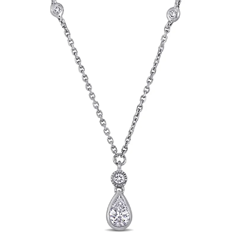 Flat knot necklaces-Miadora 14k White Gold 1/3ct TDW Diamond Teardrop Lariat Dangle Necklace