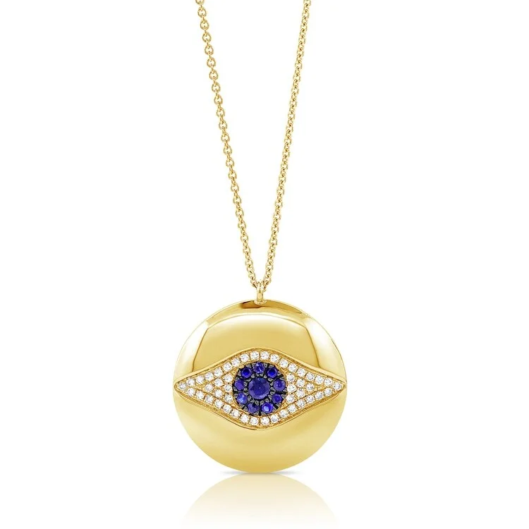 Bright stone necklaces-Joelle Diamond Evil Eye Circle Disc Necklace 14K Gold