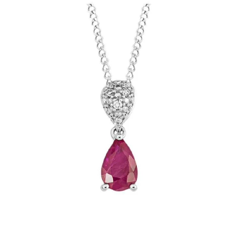 9ct White Gold Pear-Shaped Ruby & Diamond Drop Pendant