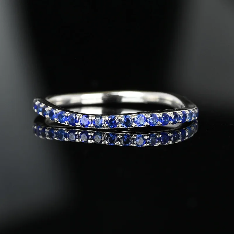 Rough texture rings-Rough texture rings-Vintage 14K White Gold Wave Sapphire Ring Band