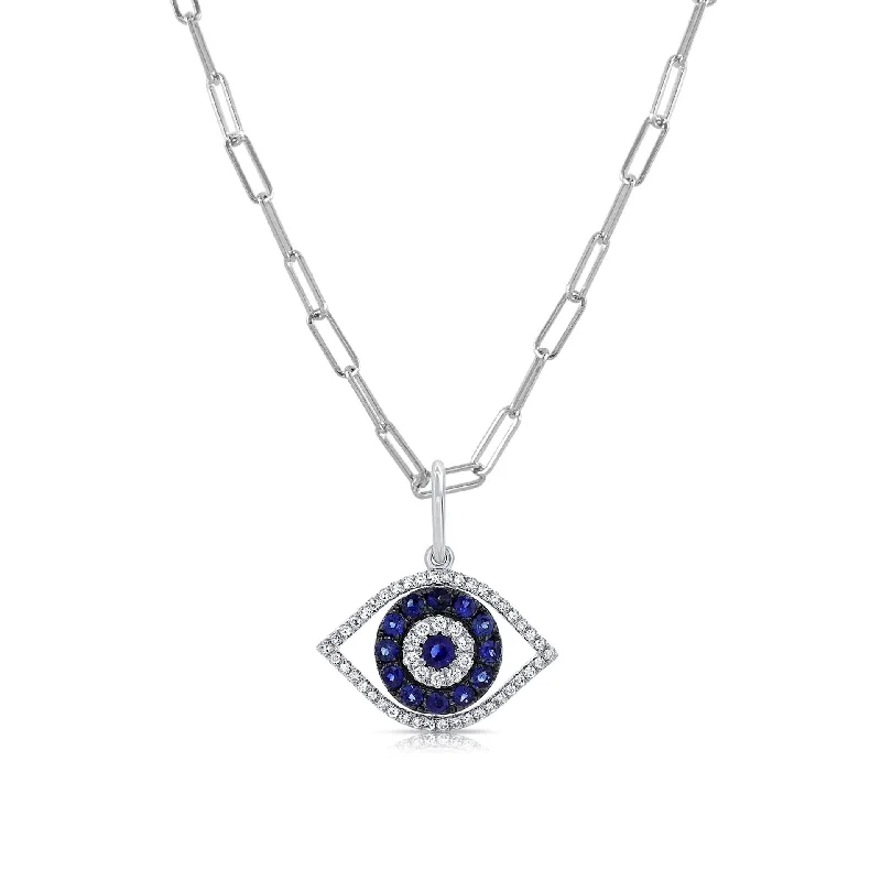 Owl charm necklaces-Joelle Evil Eye Sapphire & Diamond Necklace 14K White Gold on 16-inch Paperclip Chain