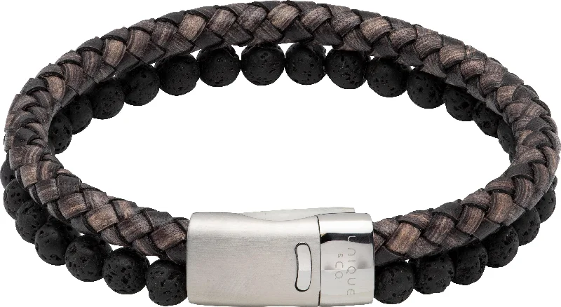 Unique & Co Antique Black Leather Bracelet With Lava Stone