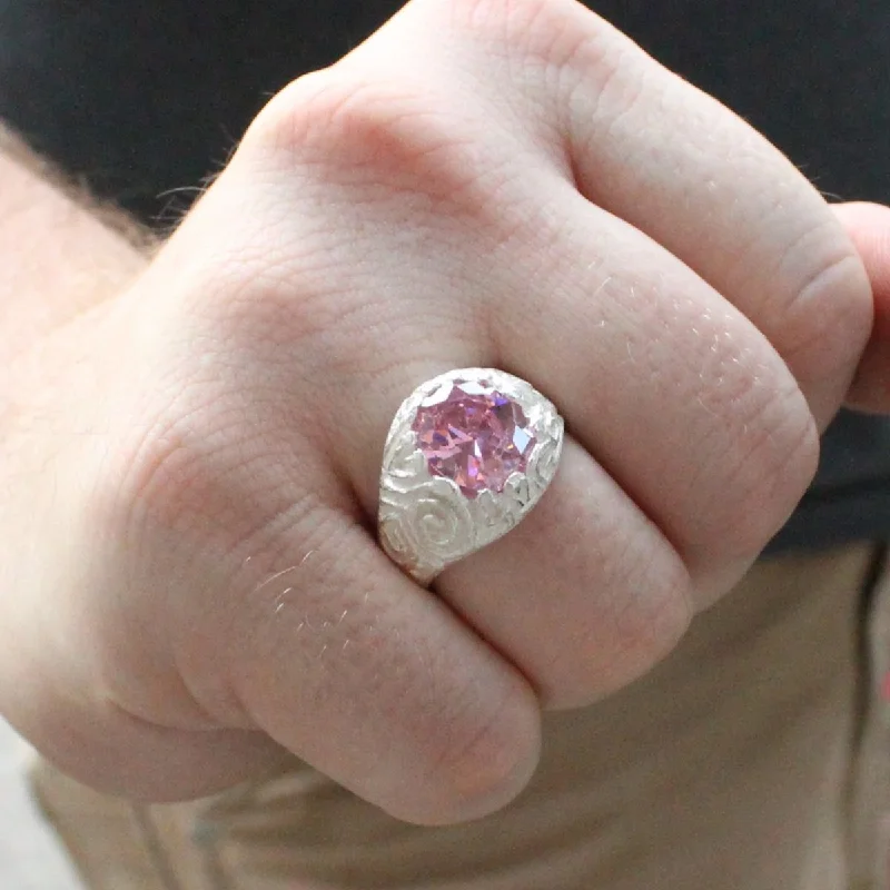 Night gothic rings-Night gothic rings-Large Men's Oval ring with October Birthstone Pink CZ